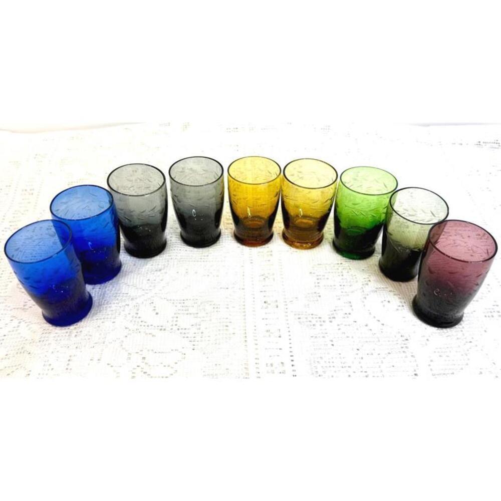 Set of 9 Vintage Korean Etched Design Multicolor Cordial Shot Glasses - Picture 2 of 5